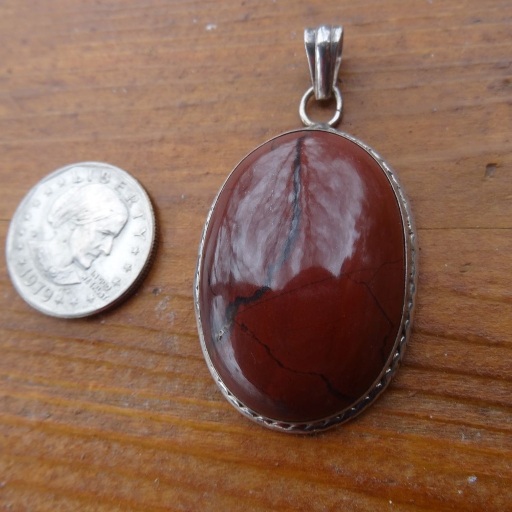 Brown Jasper Gem Stone w Sterling Silver Pendant